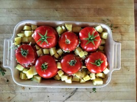 Place tops on the tomatoes and bake.